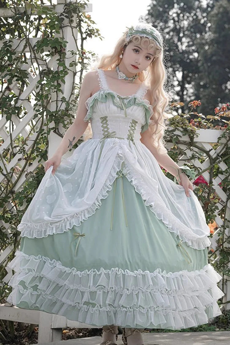 Design Concept:
Bring romantic charm to your wardrobe with this Sweet Lolita green JSK dress in a long version. Designed with layered ruffles, floral lace, and a lace-up bodice, it creates a graceful silhouette that flatters plus-size figures while maintaining a sweet aesthetic. The flowing length and delicate details evoke fairytale elegance, making it perfect for tea parties, outdoor photoshoots, or special gatherings. Comfortable yet enchanting, this JSK dress offers a versatile choice for creating dream