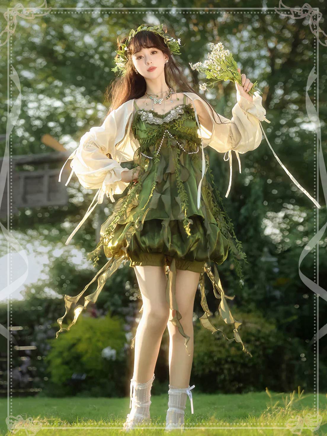 Sweet Lolita Green Leaf Embellished Ruffle Asymmetrical Jsk Dress Set
