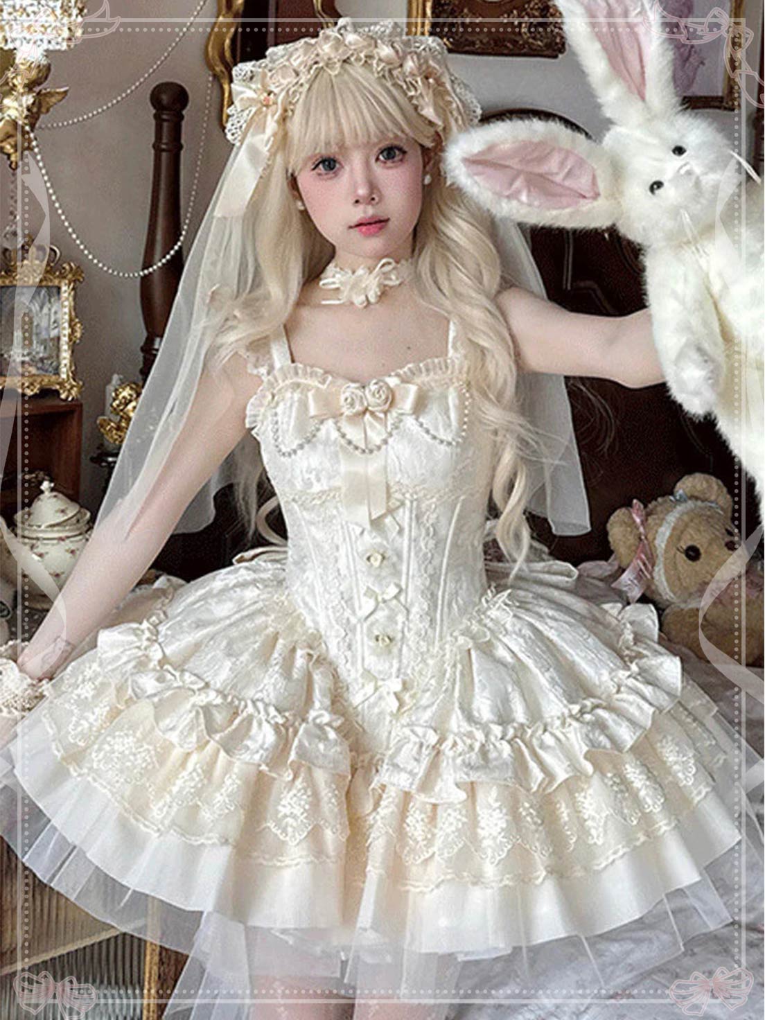 Sweet Lolita Ivory Sleeveless Princess Lolita Jsk Dress Multi Layer Ruffle Bowknot Lace