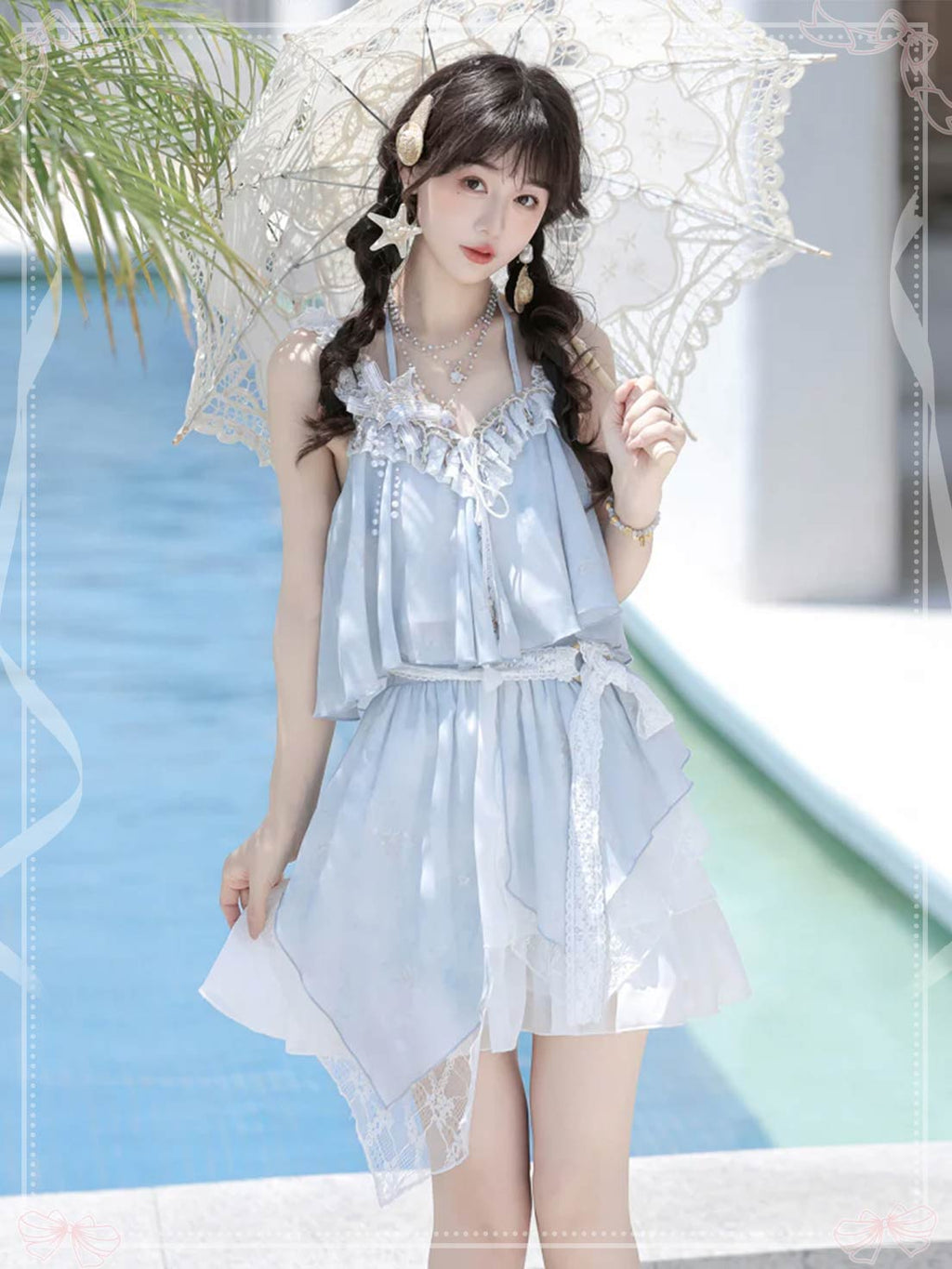 Sweet Lolita Light Blue Seashell Sundress with Lace Ruffle Summer Sea