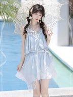 Sweet Lolita Light Blue Seashell Sundress with Lace Ruffle Summer Sea