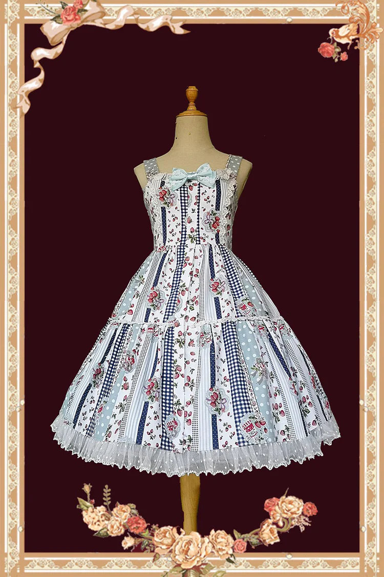 Design Concept:
Capture a playful and sweet aesthetic with this Sweet Lolita dress in a soft light blue hue. Featuring a strawberry check print, sleeveless design, ruffled hem, and a charming bow at the neckline, it exudes youthful elegance. The lightweight fabric and flowing silhouette ensure comfort while maintaining a delicate, refined look. Perfect for tea parties, casual outings, or themed gatherings, this dress adds a whimsical touch to any Lolita wardrobe.