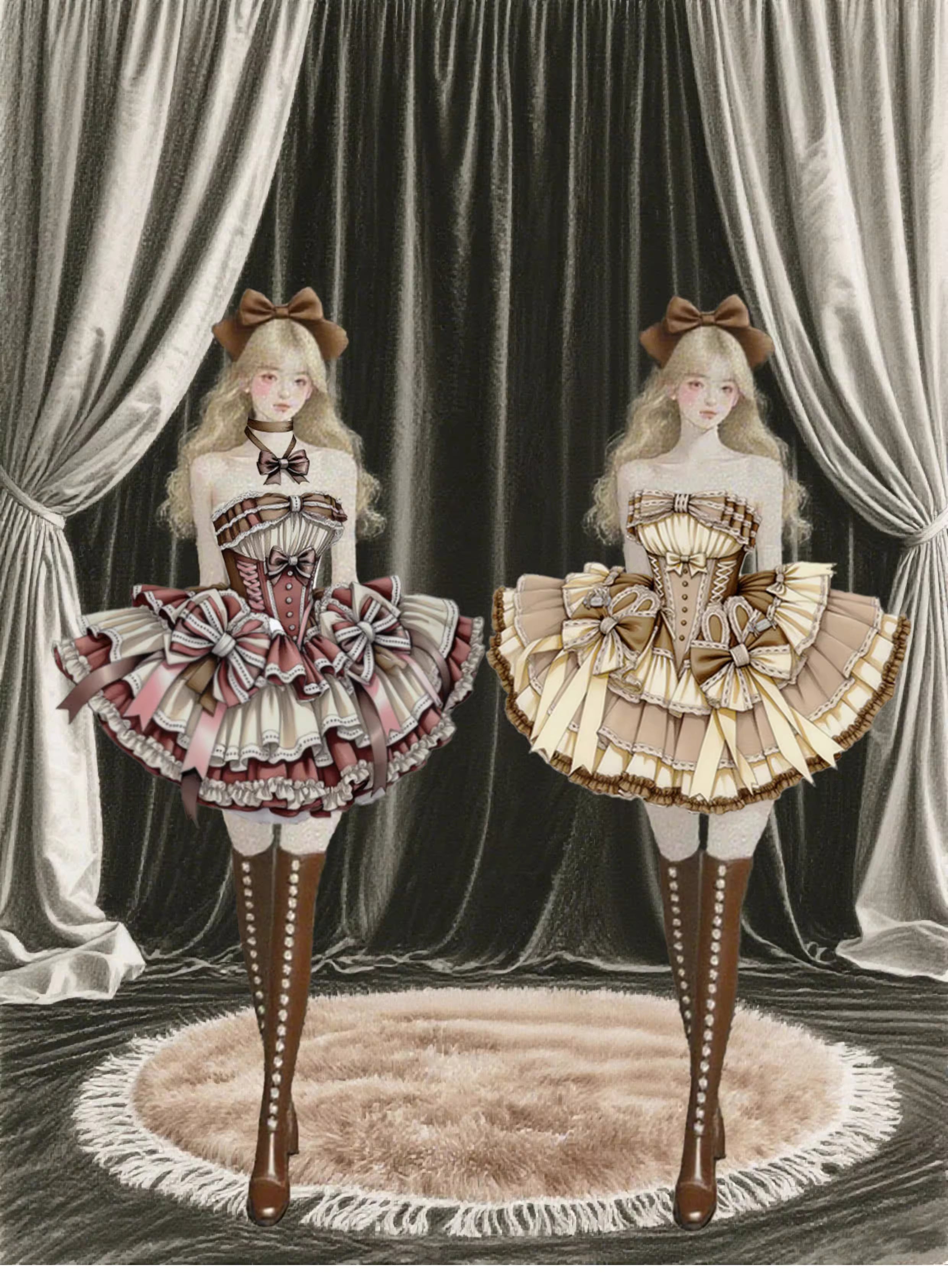 Sweet Lolita Light Dark Brown Bow Strapless Bustier Dress with Petticoat Tea Party JK Outfit