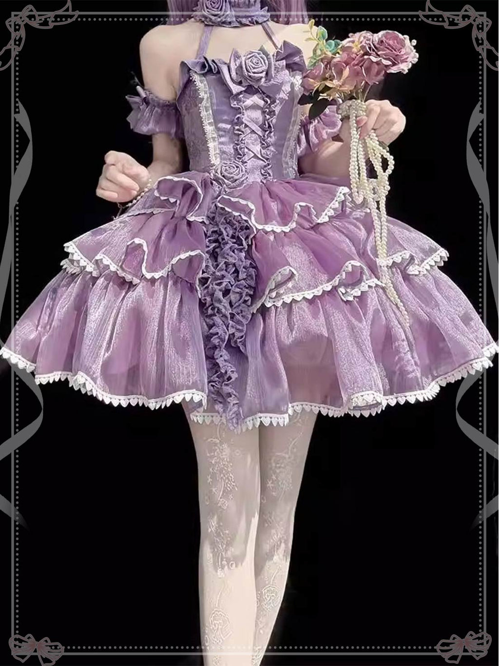 Sweet Lolita Lilac Dream Off Shoulder Lolita Dress White Party gown with Elegant Ribbon Details
