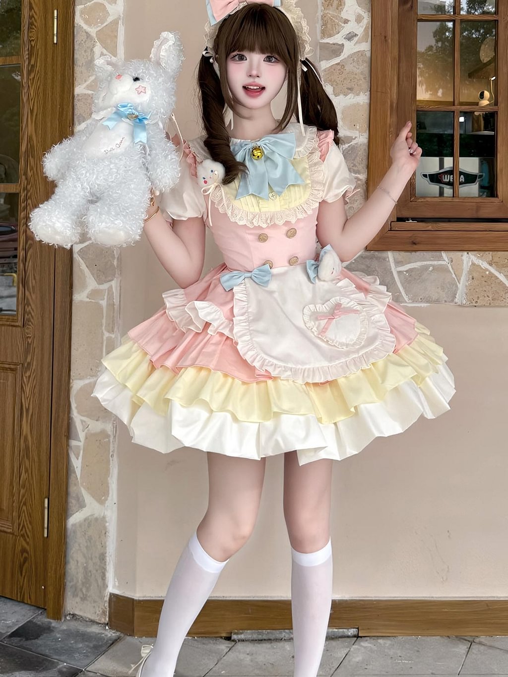 Sweet Lolita Maid outfit Color Scheme Block Rabbit Yellow Pink Patterned Dress