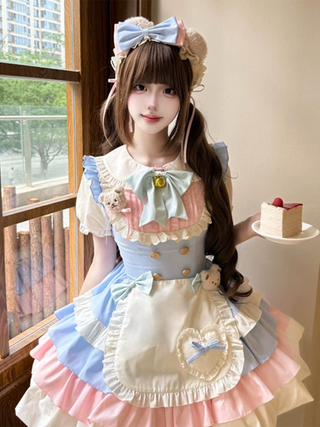 Sweet Lolita Maid outfit Color Scheme Blue Pink Block Rabbit Patterned Dress