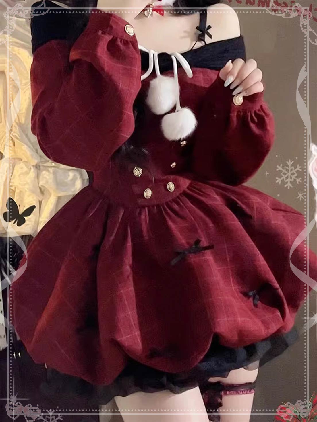 Sweet Lolita Off-Shoulder Red Long Sleeve Flared Dress for Celebration