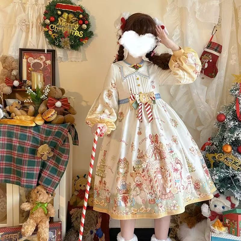 Sweet Lolita OP Dress Long Sleeve Bow Detail Christmas Holiday Party Outfit