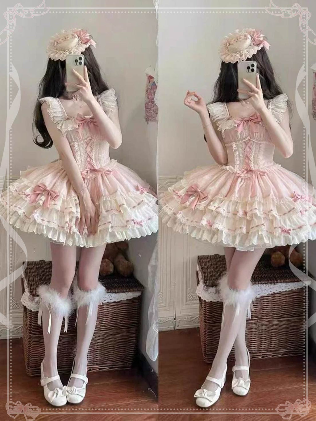 Sweet Lolita Pink Ballet Princess Cake Dress OP Ruffles Lace Sleeveless for Party