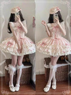 Sweet Lolita Pink Ballet Princess Cake Dress OP Ruffles Lace Sleeveless for Party
