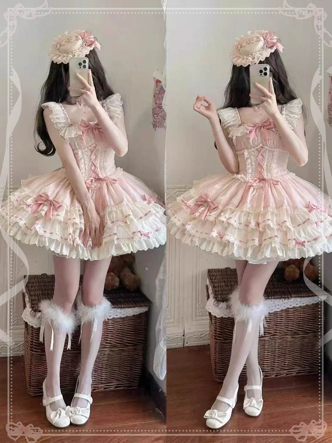 Sweet Lolita Pink Ballet Princess Cake Dress OP Ruffles Lace Sleeveless for Party