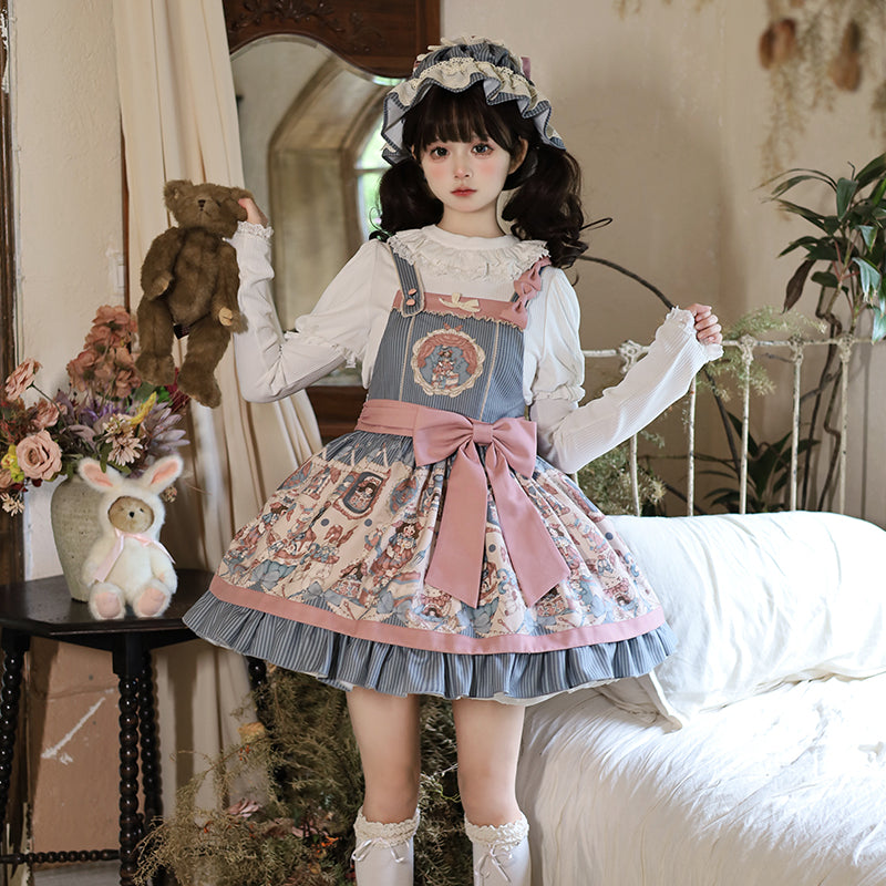 Sweet Lolita Pink Blue Print Retro Doll Lolita Straps Daily Dress Autumn and Winter New