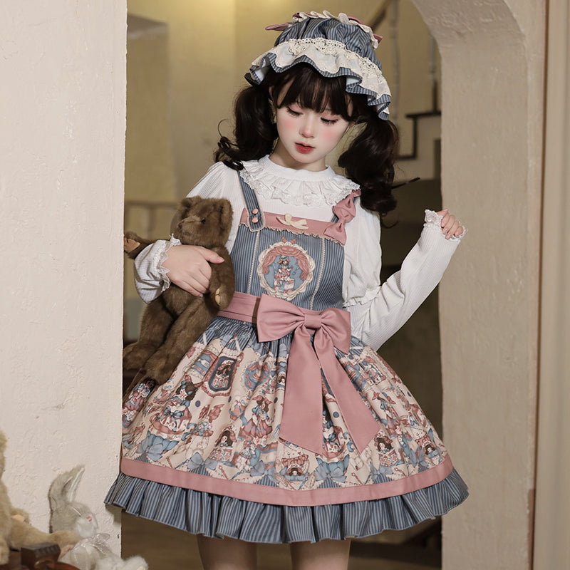 Sweet Lolita Pink Blue Print Retro Doll Lolita Straps Daily Dress Autumn and Winter New