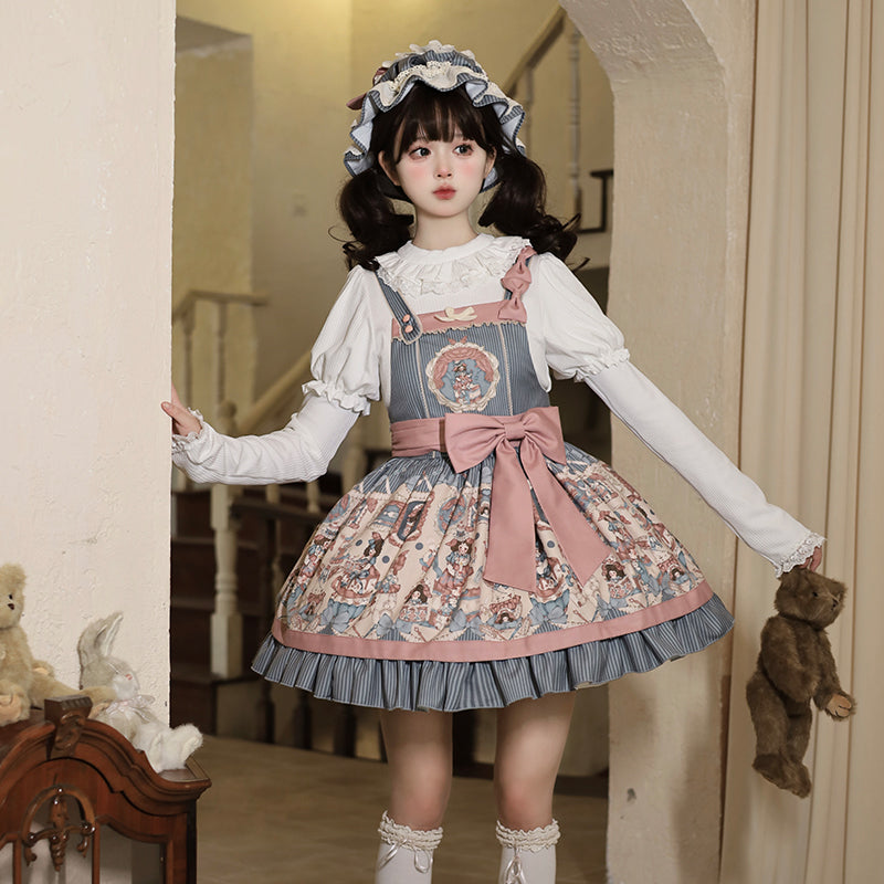 Sweet Lolita Pink Blue Print Retro Doll Lolita Straps Daily Dress Autumn and Winter New