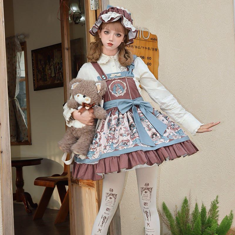 Sweet Lolita Pink Blue Print Retro Doll Lolita Straps Daily Dress Autumn and Winter New