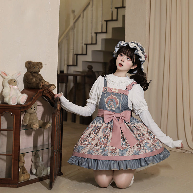 Sweet Lolita Pink Blue Print Retro Doll Lolita Straps Daily Dress Autumn and Winter New