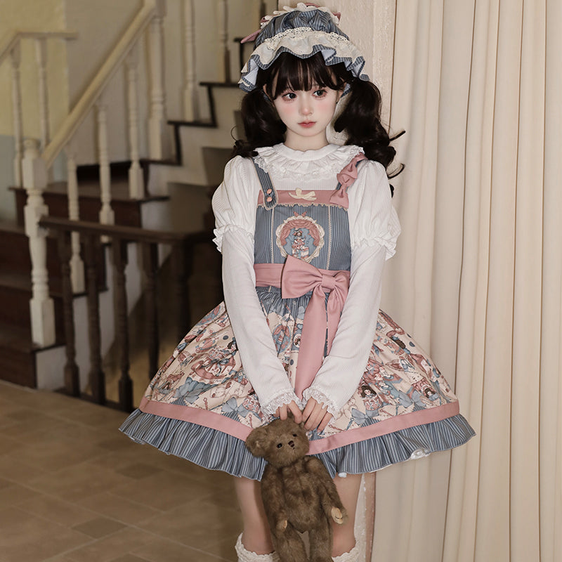 Sweet Lolita Pink Blue Print Retro Doll Lolita Straps Daily Dress Autumn and Winter New