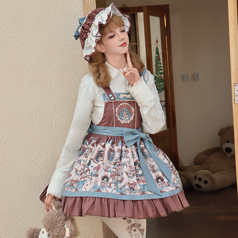 Sweet Lolita Pink Blue Print Retro Doll Lolita Straps Daily Dress Autumn and Winter New