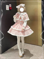 Sweet Lolita Pink Christmas Dress Plush Cape with Puffy Skirt Winter Set