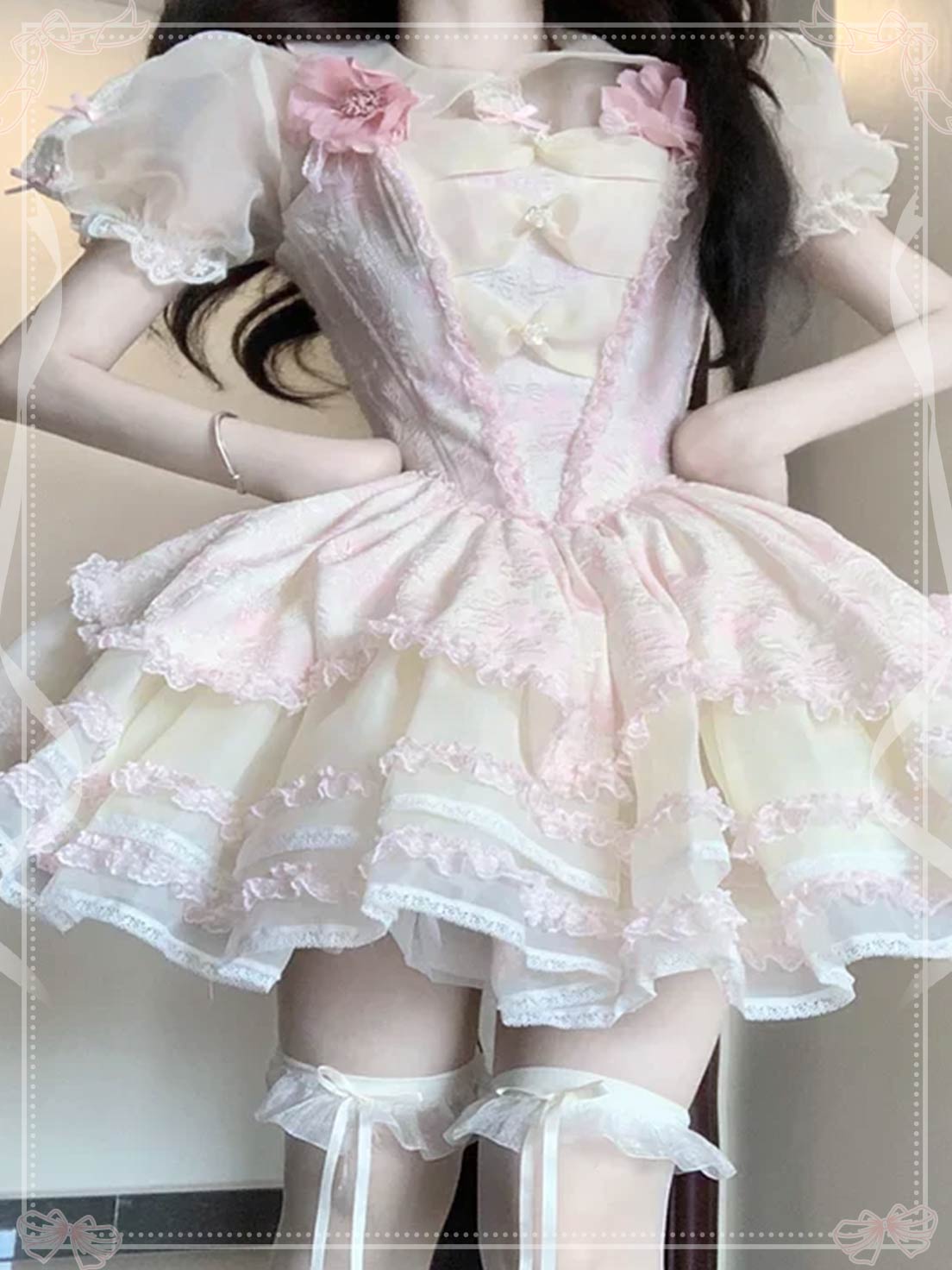Sweet Lolita Pink Green Cake Daily Princess Lace Short Dress for Summer