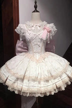 Design Concept:&nbsp;

This Sweet Lolita pink layered printed JSK dress set combines playful charm with delicate elegance, featuring soft ruffles, intricate lace, and bow details for a delightful Lolita style. The pastel pink tone enhances its sweet and romantic appeal. The product includes a dress, a matching blouse, and a trailing tail, creating a complete and enchanting ensemble.
