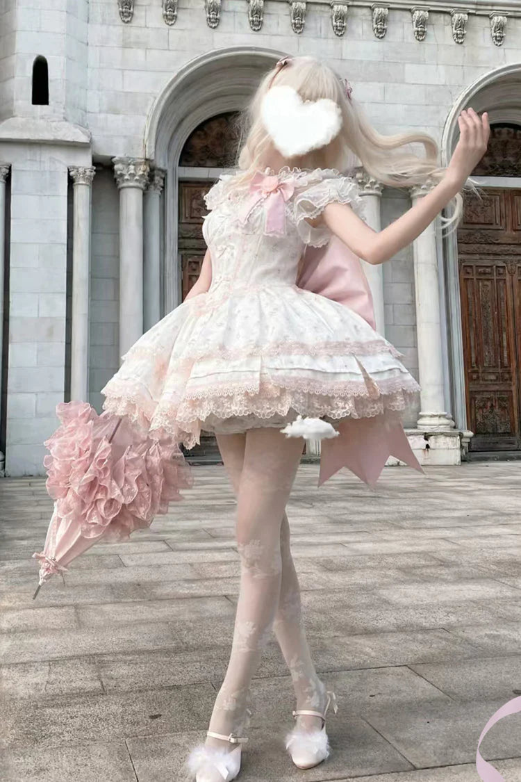 Design Concept:&nbsp;

This Sweet Lolita pink layered printed JSK dress set combines playful charm with delicate elegance, featuring soft ruffles, intricate lace, and bow details for a delightful Lolita style. The pastel pink tone enhances its sweet and romantic appeal. The product includes a dress, a matching blouse, and a trailing tail, creating a complete and enchanting ensemble.