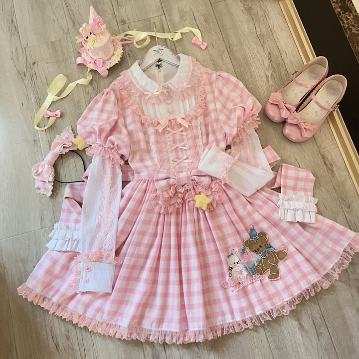 Sweet Lolita Pink Plaid Rabbit Bear Embroider Dress Bubble Sleeves Op Short Sleeves