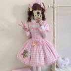 Sweet Lolita Pink Plaid Rabbit Bear Embroider Dress Bubble Sleeves Op Short Sleeves