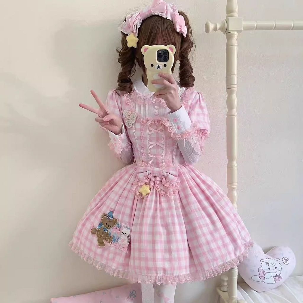 Sweet Lolita Pink Plaid Rabbit Bear Embroider Dress Bubble Sleeves Op Short Sleeves