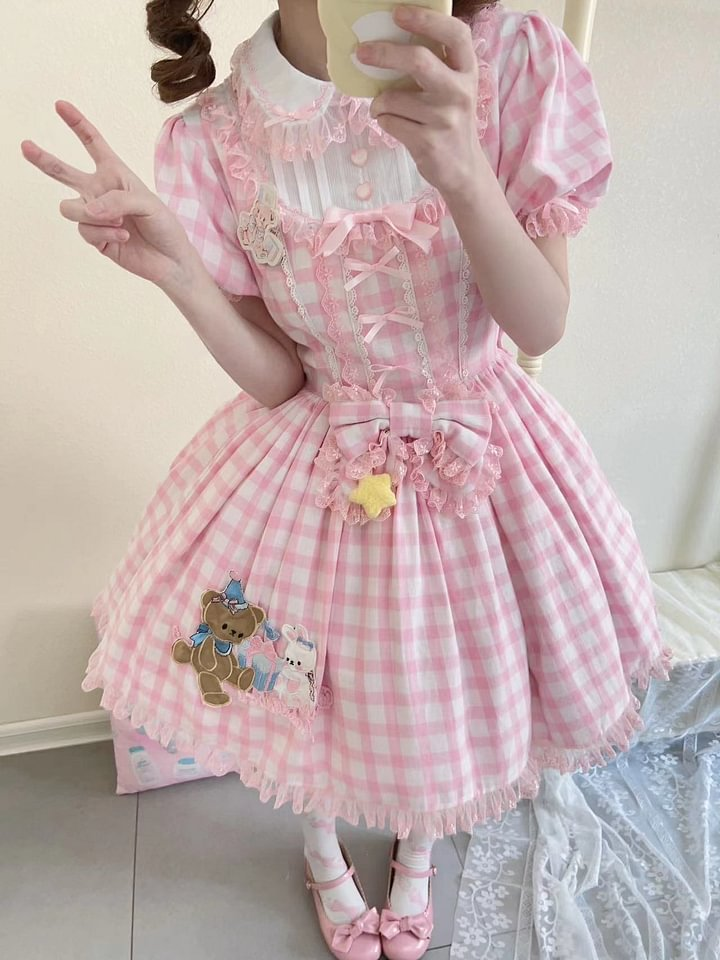 Sweet Lolita Pink Plaid Rabbit Bear Embroider Dress Bubble Sleeves Op Short Sleeves
