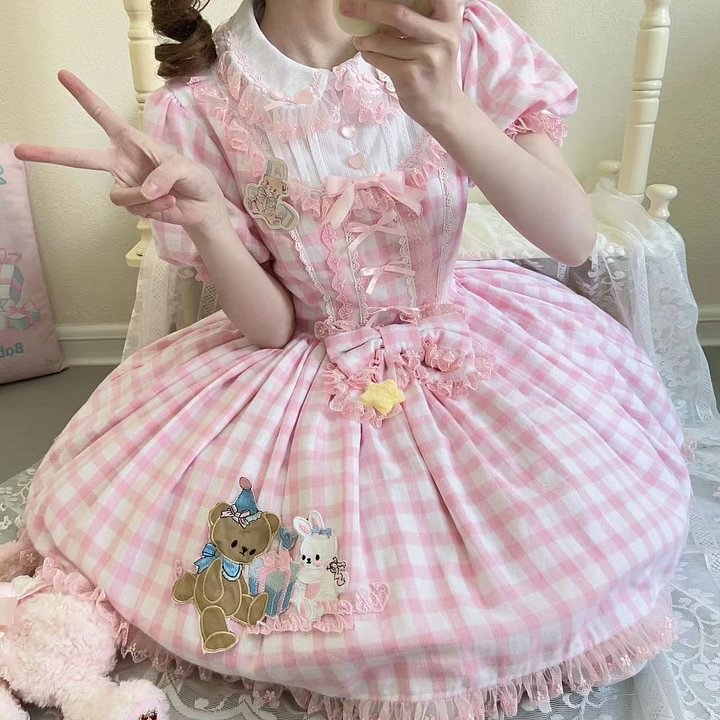 Sweet Lolita Pink Plaid Rabbit Bear Embroider Dress Bubble Sleeves Op Short Sleeves
