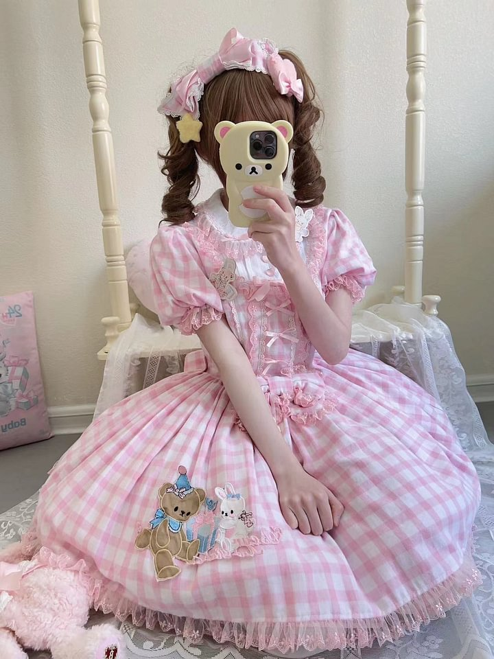 Sweet Lolita Pink Plaid Rabbit Bear Embroider Dress Bubble Sleeves Op Short Sleeves