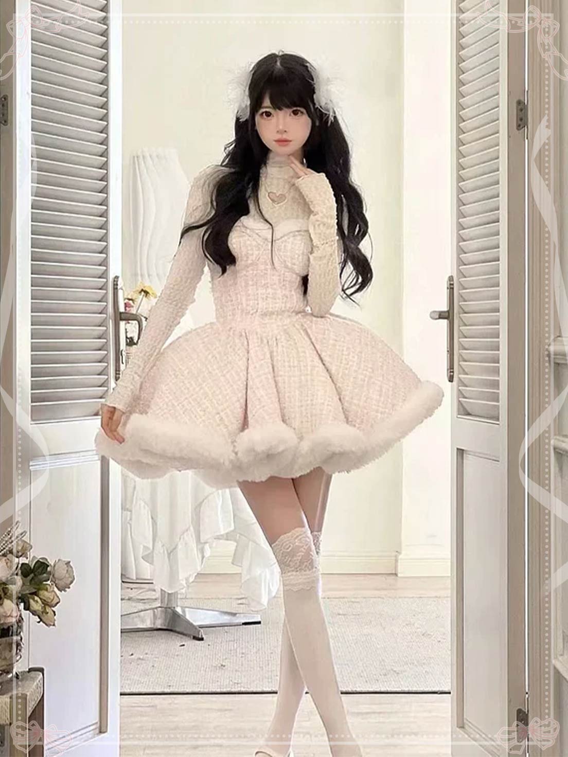 Sweet Lolita Pink Princess Dress Woolen Elegant in Winter Plush Cloak for Christmas