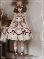 Sweet Lolita Pink Sleeveless JSK Dress Printed Ruffle Bowknot Lace-Up Princess Style