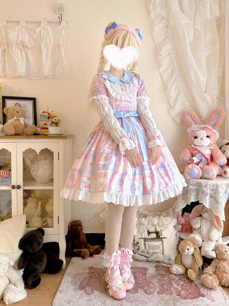 Sweet Lolita Pink Sweetheart Rabbit Bear Cute Long Sleeve Op Dress Autumn Winter JSK