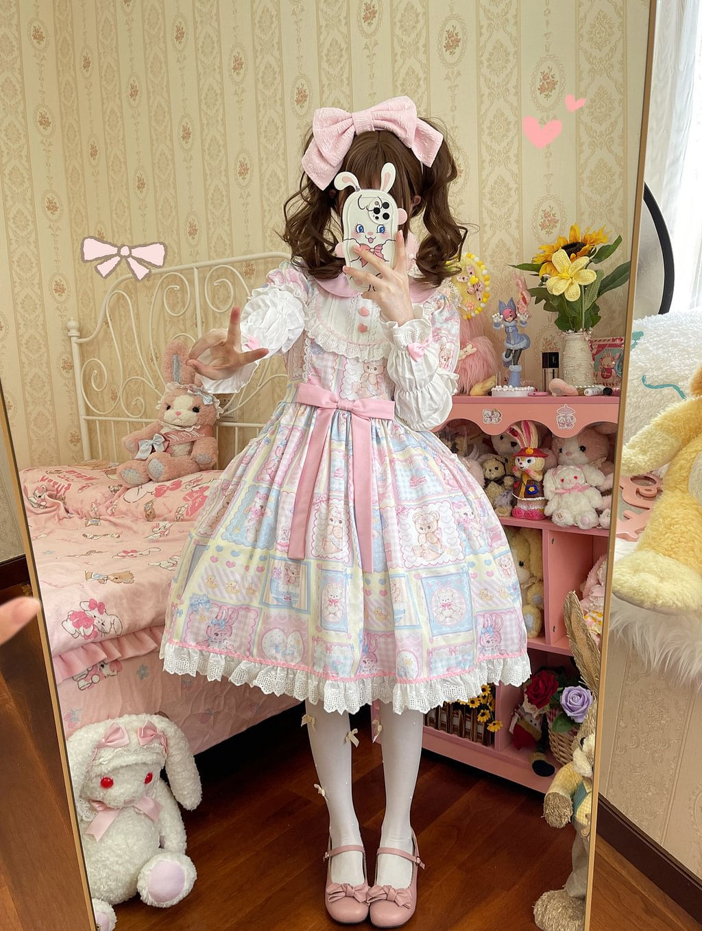 Sweet Lolita Pink Sweetheart Rabbit Bear Cute Long Sleeve Op Dress Autumn Winter JSK