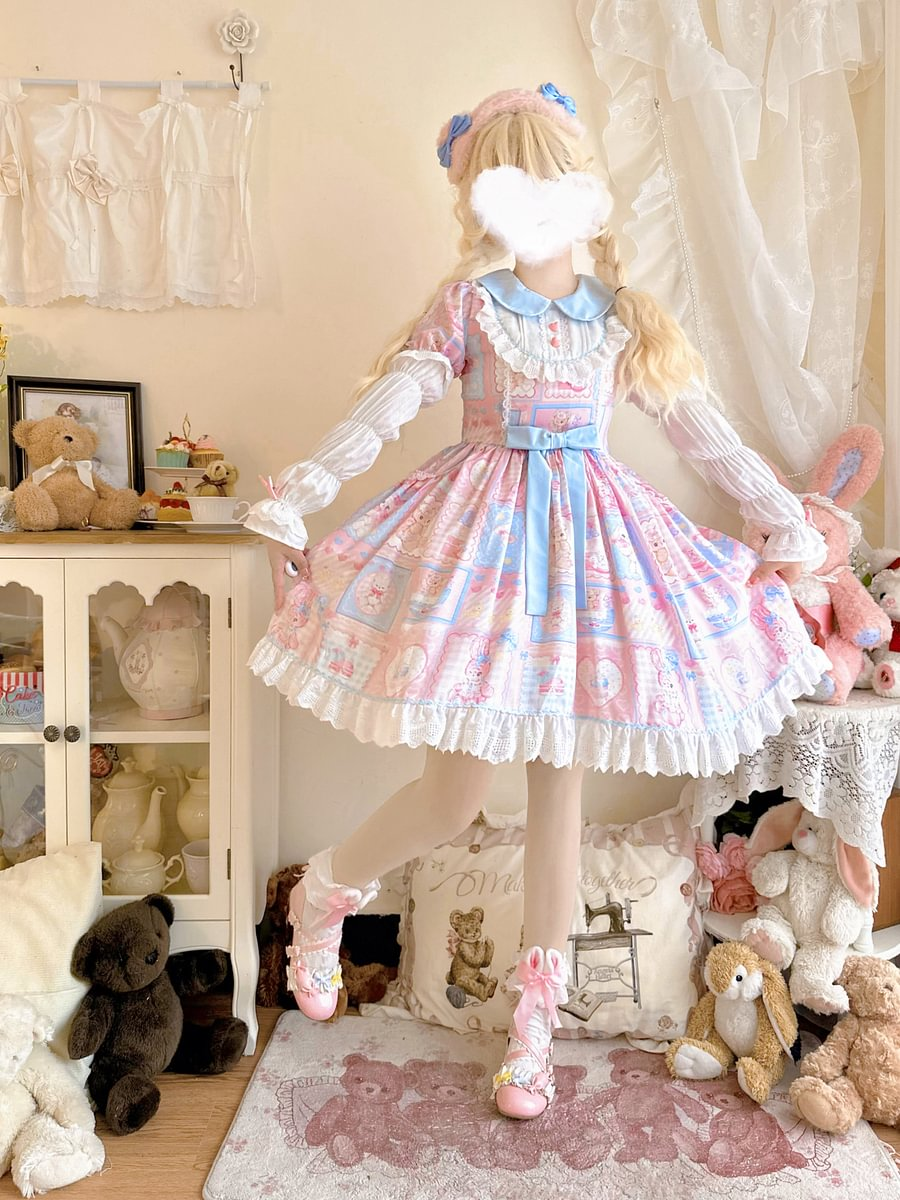 Sweet Lolita Pink Sweetheart Rabbit Bear Cute Long Sleeve Op Dress Autumn Winter JSK