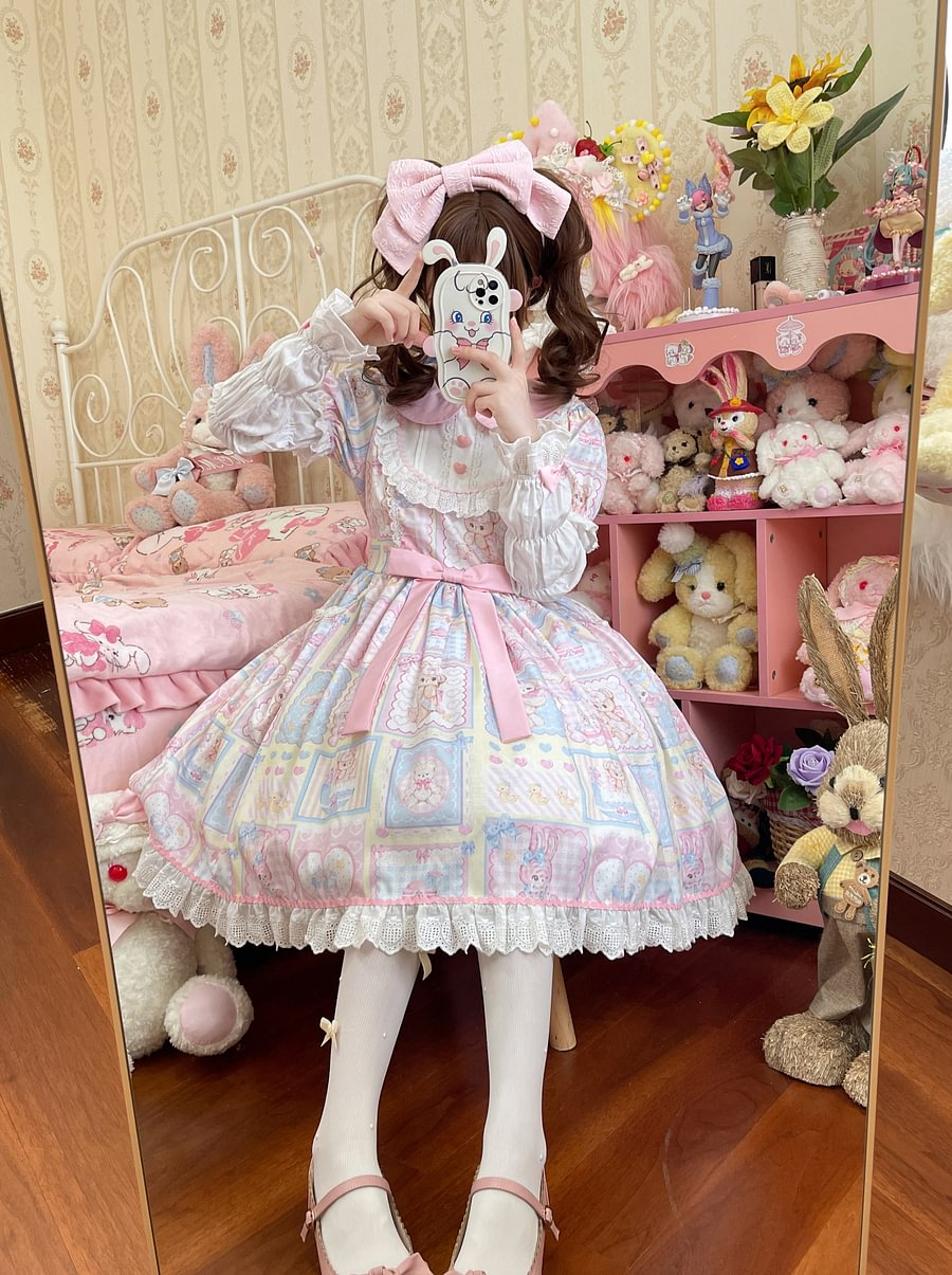 Sweet Lolita Pink Sweetheart Rabbit Bear Cute Long Sleeve Op Dress Autumn Winter JSK