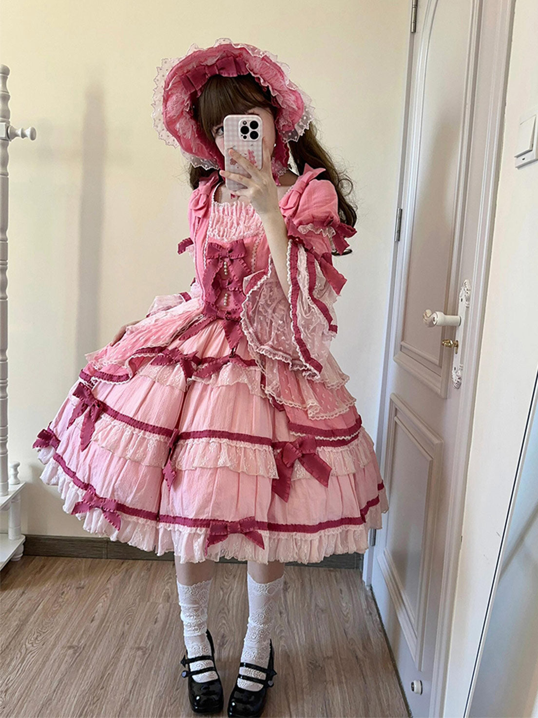Sweet Lolita Pink Velvet Layered Cake Dress Elegant Doll Style Christmas Outfit