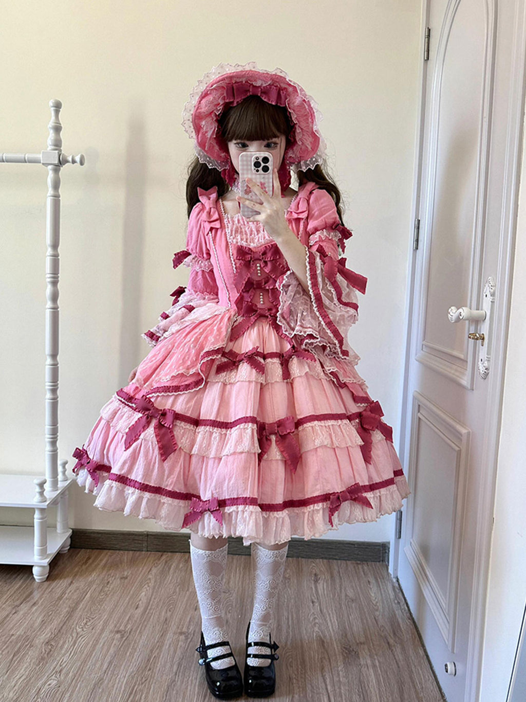 Sweet Lolita Pink Velvet Layered Cake Dress Elegant Doll Style Christmas Outfit