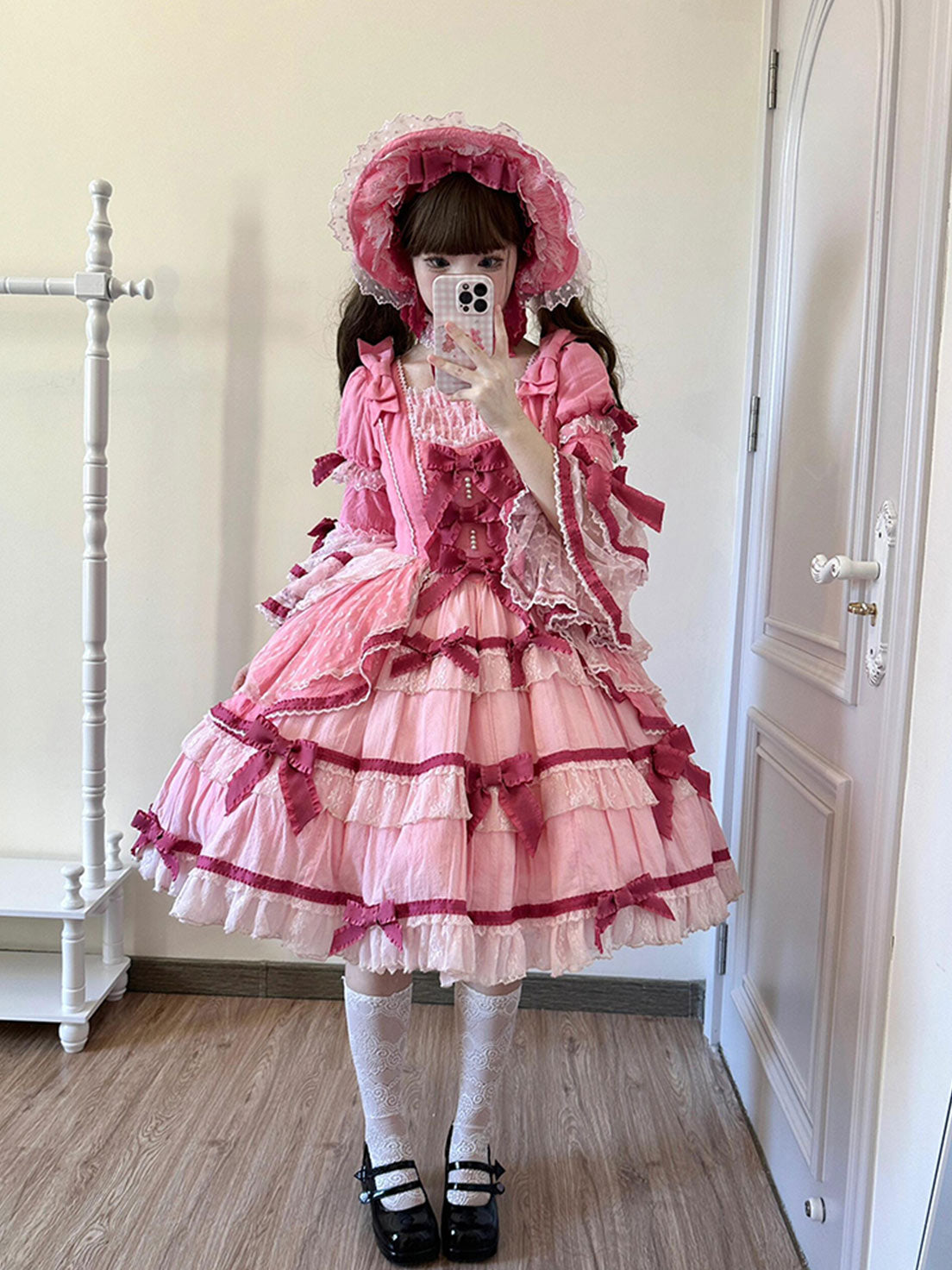 Sweet Lolita Pink Velvet Layered Cake Dress Elegant Doll Style Christmas Outfit