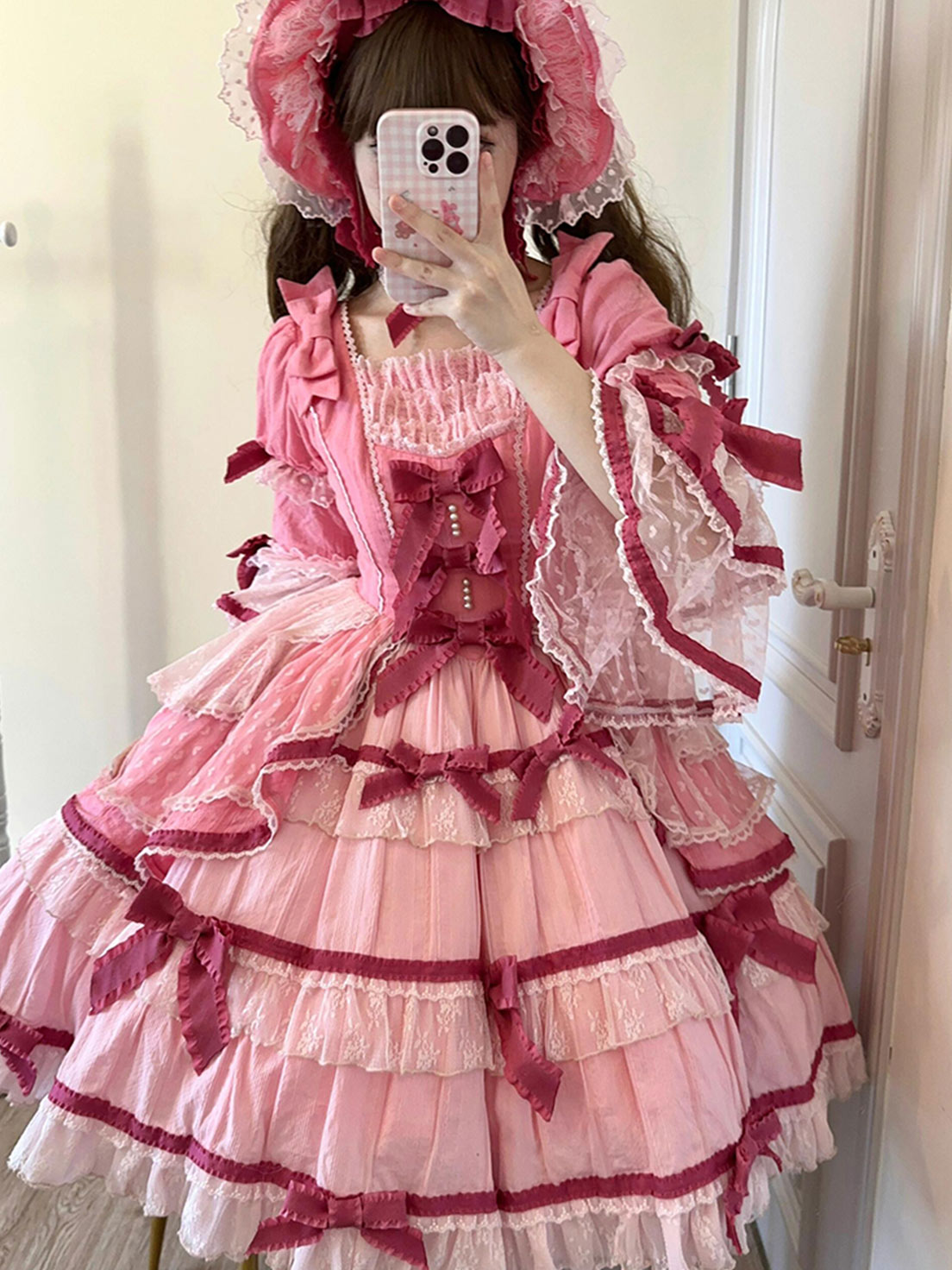 Sweet Lolita Pink Velvet Layered Cake Dress Elegant Doll Style Christmas Outfit
