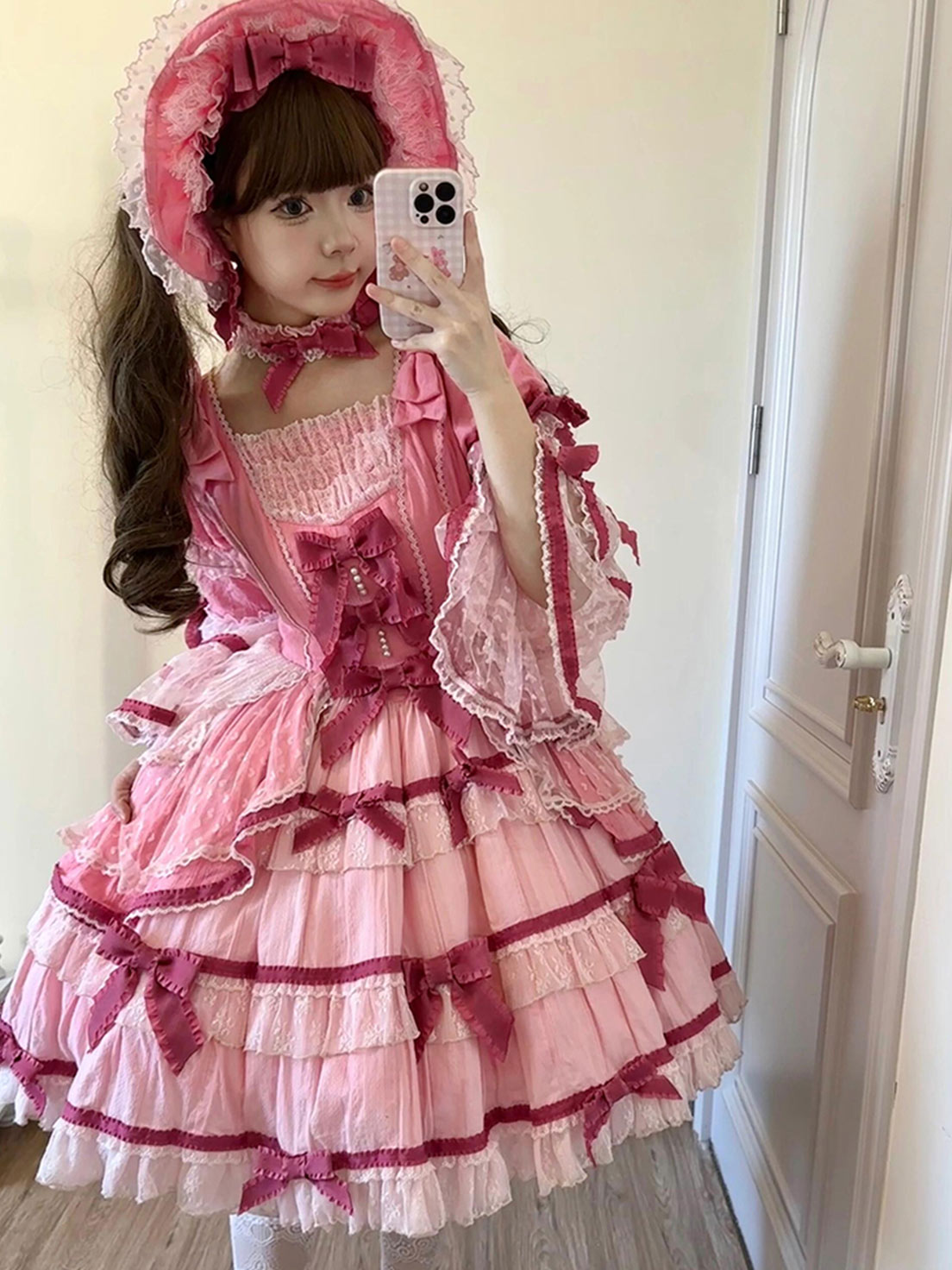 Sweet Lolita Pink Velvet Layered Cake Dress Elegant Doll Style Christmas Outfit