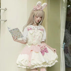 Sweet Lolita Pink White OP Dress Cute Bow Waist Daily Outfit