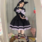 Sweet Lolita Purple and Black Color Matching Lolita Daily Dress Autumn and Winter Bow Jsk Jumper Skirt