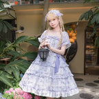 Sweet Lolita Purple and White Short-sleeved Elegant Dress Floral Ruffle Edge Dress