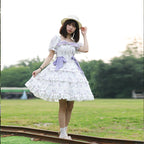 Sweet Lolita Purple and White Short-sleeved Elegant Dress Floral Ruffle Edge Dress