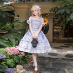 Sweet Lolita Purple and White Short-sleeved Elegant Dress Floral Ruffle Edge Dress