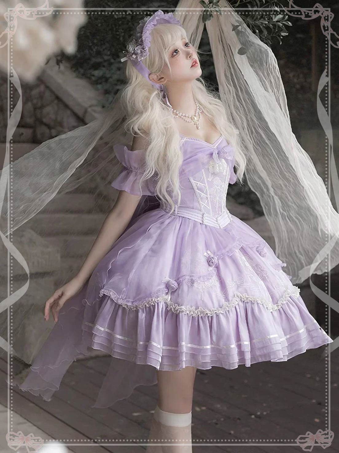 Sweet Lolita Purple Dream Ruffle Bow Lace Ballet Elegant Dress