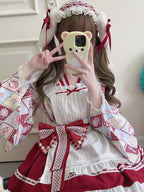 Sweet Lolita Maid Red Outfit Motif Embellished Apron Dress